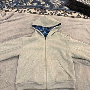 Light Gray Hooded Zip Jacket with Blue Plaid Lining